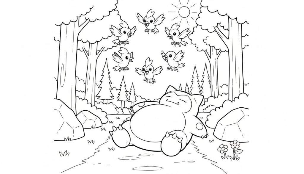 Zwart-wit kleurplaat: Slapende Snorlax in bos met vliegende vogeltjes en zon.