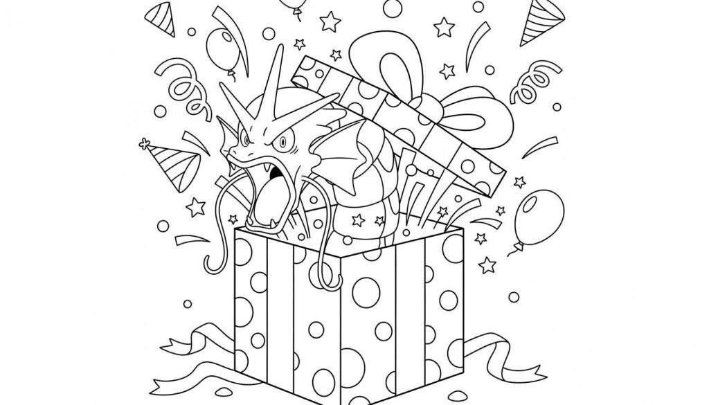 Zwart-wit kleurplaat van Gyarados die wild of verrast uit een open, versierde cadeaubox barst, omringd door feesthoedjes, ballonnen, linten, confetti en sterren. Een feestelijke Pokémon scène.