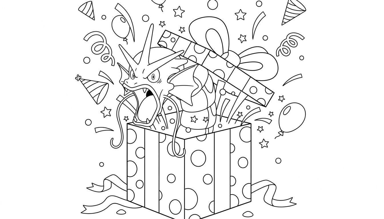 Zwart-wit kleurplaat van Gyarados die wild of verrast uit een open, versierde cadeaubox barst, omringd door feesthoedjes, ballonnen, linten, confetti en sterren. Een feestelijke Pokémon scène.