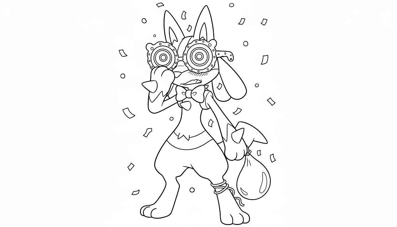 Kleurplaat van Lucario-achtig figuur met steampunk bril, strik, confetti, geschrokken uitdrukking, hand voor mond, vastgebonden enkel en een grote zak.