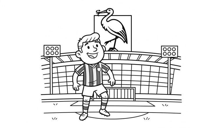 Kleurplaat van een lachende jongen in ADO Den Haag tenue voor het stadion met lichtmasten en een reiger-achtig vogelembleem.