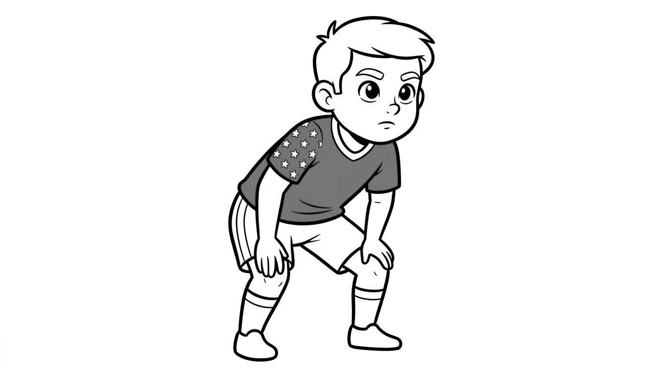 Zwart-wit kleurplaat van een geconcentreerde AZ-voetbaljongen, voorovergebogen met handen op knieën, T-shirt met sterrenpatroon op rechtermouw.