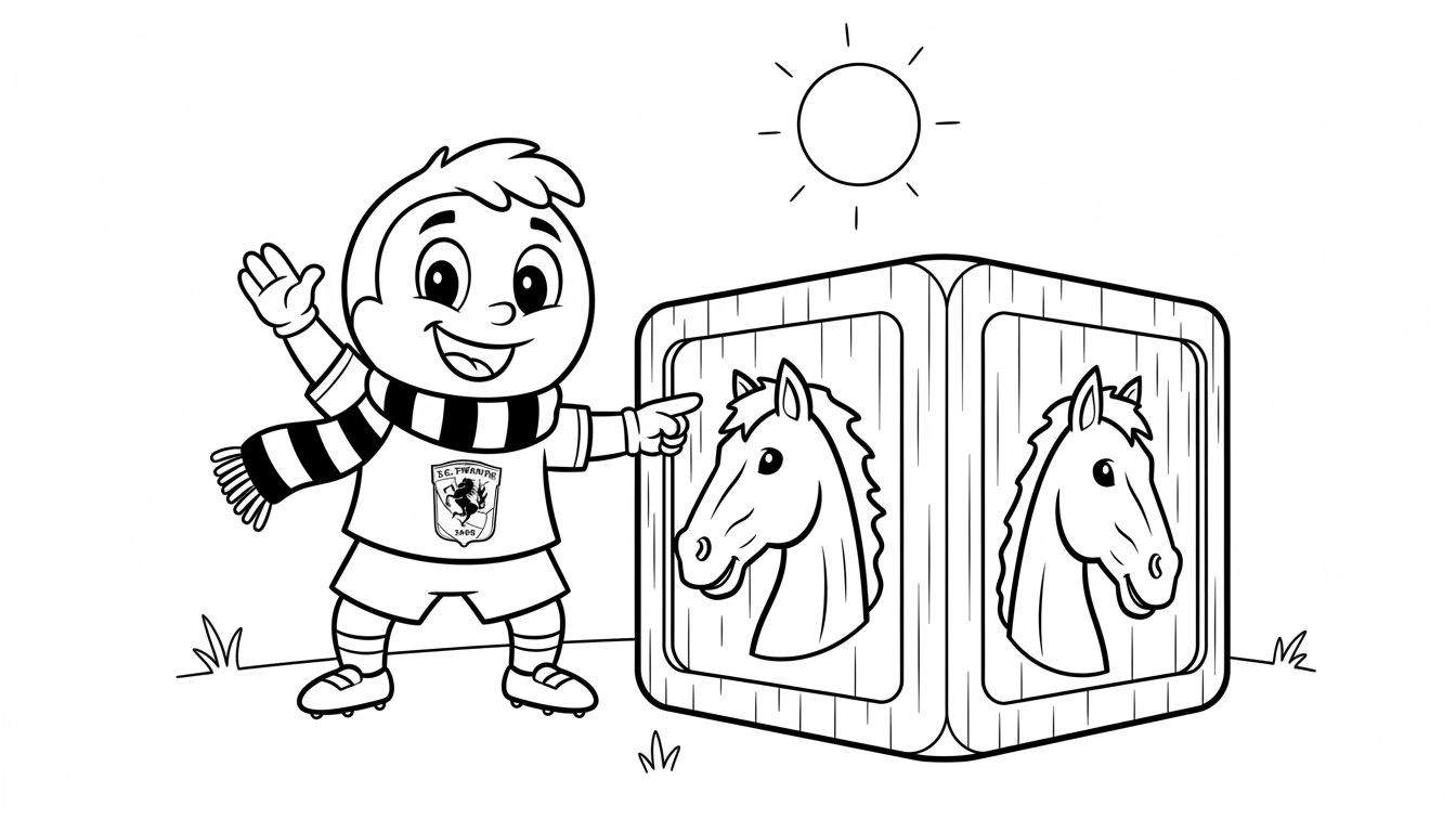 Zwart-wit kleurplaat van een lachende tekenfilmjongen in een SC Fwanberg 1860 voetbalshirt, wijzend naar een speelgoedblok met paardenhoofden, met de zon en gras op de achtergrond.