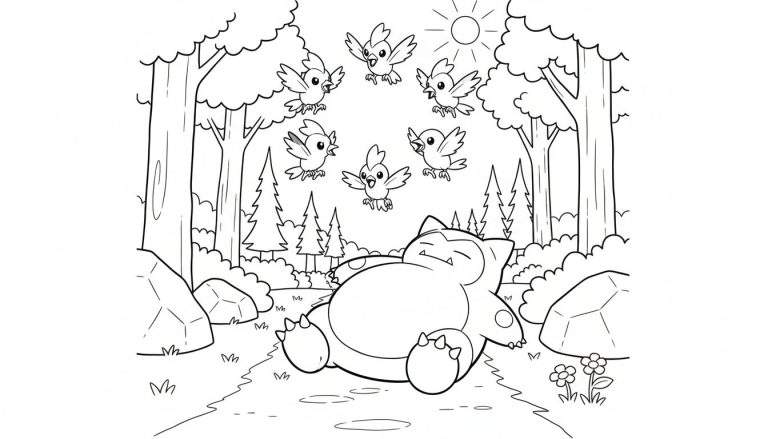 Zwart-wit kleurplaat: Slapende Snorlax in bos met vliegende vogeltjes en zon.