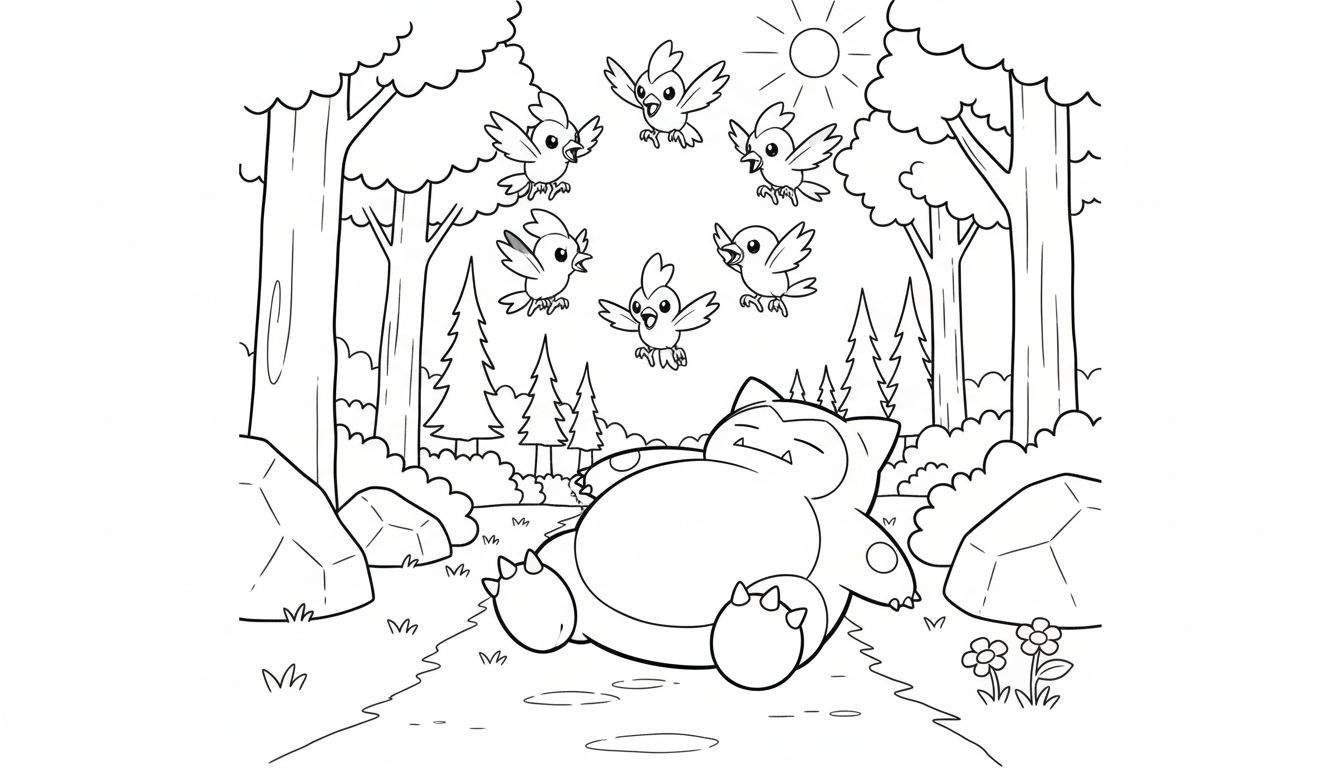 Zwart-wit kleurplaat: Slapende Snorlax in bos met vliegende vogeltjes en zon.