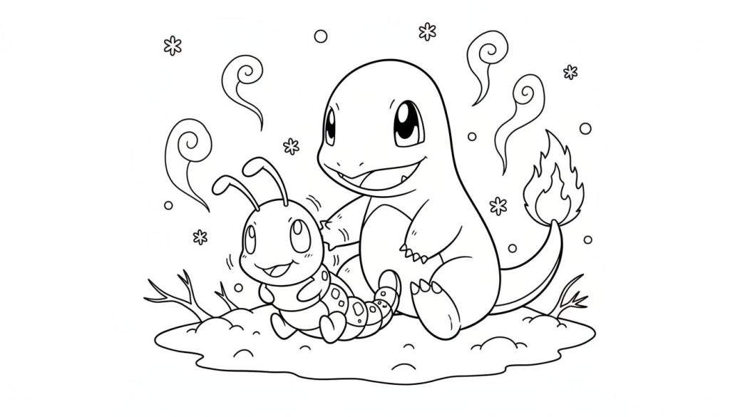 Kleurplaat van Charmander en Caterpie die vrolijk samen zitten, omringd door decoratieve elementen, op een oneffen ondergrond.