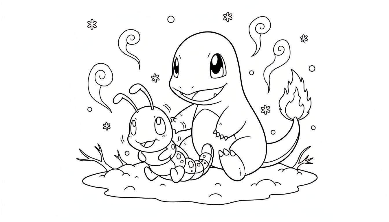 Kleurplaat van Charmander en Caterpie die vrolijk samen zitten, omringd door decoratieve elementen, op een oneffen ondergrond.