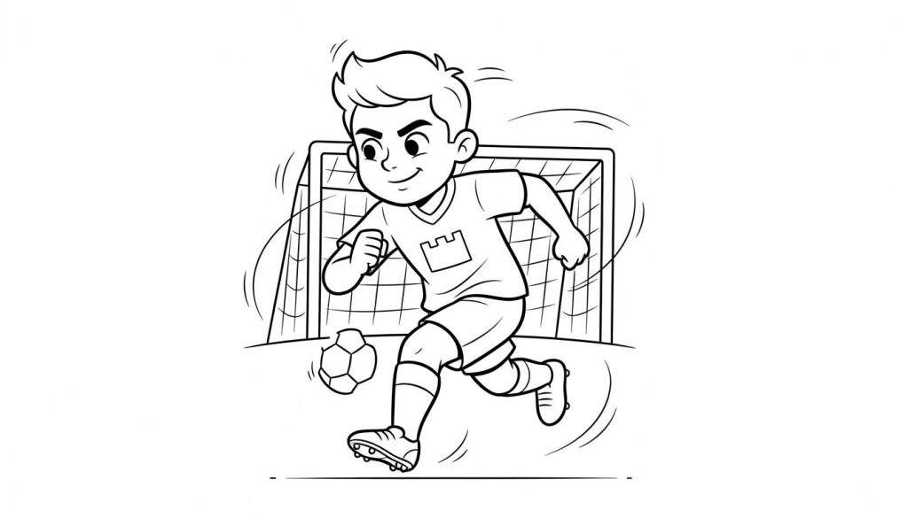 Kleurplaat van een jonge FC Twente voetballer die de bal dribbelt naar een doel, met kasteel-embleem op shirt en bewegingslijnen.