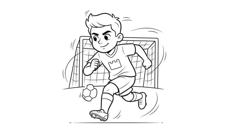 Kleurplaat van een jonge FC Twente voetballer die de bal dribbelt naar een doel, met kasteel-embleem op shirt en bewegingslijnen.