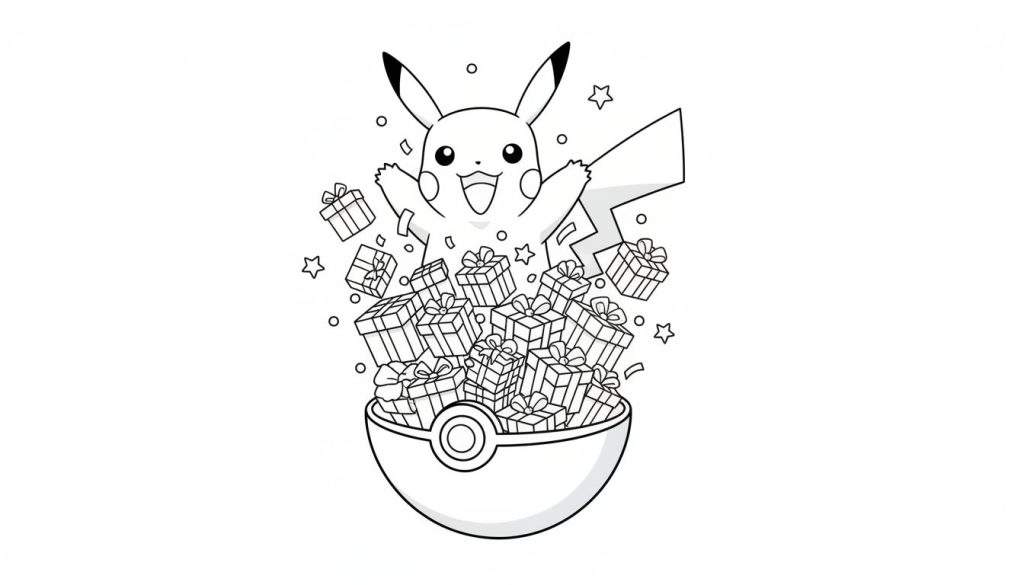 Kleurplaat van een vrolijke Pikachu die uit een Pokébal springt, omringd door cadeautjes, sterretjes en confetti.