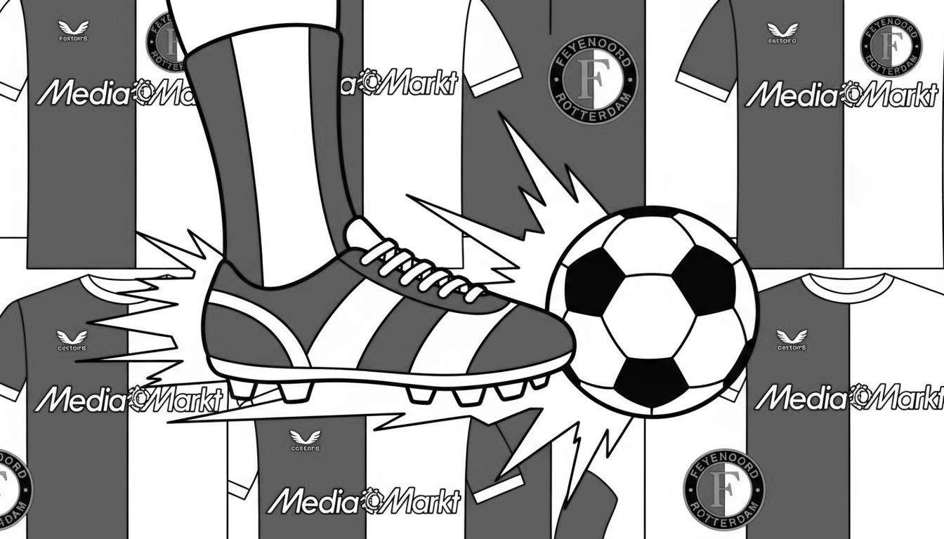Zwart-witte Feyenoord voetbal kleurplaat met prominent een actieve voetbalschoen en bal op de voorgrond. De achtergrond toont herhalende Feyenoord shirts, gesplitst in donkergrijs en wit, met logo's van Castore, Media Markt en het Feyenoord clublogo.
