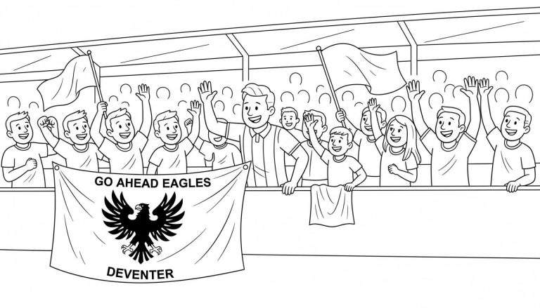 Kleurplaat van Go Ahead Eagles voetbalfans die juichen op een tribune. Een spandoek met 'GO AHEAD EAGLES' en een adelaar hangt over de balustrade. Fans zwaaien met witte vlaggen.