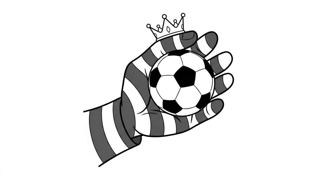 Zwart-wit kleurplaat van een gestreepte hand die een voetbal vasthoudt, met een kleine kroon bovenop. Logo-stijl illustratie gerelateerd aan PEC Zwolle.