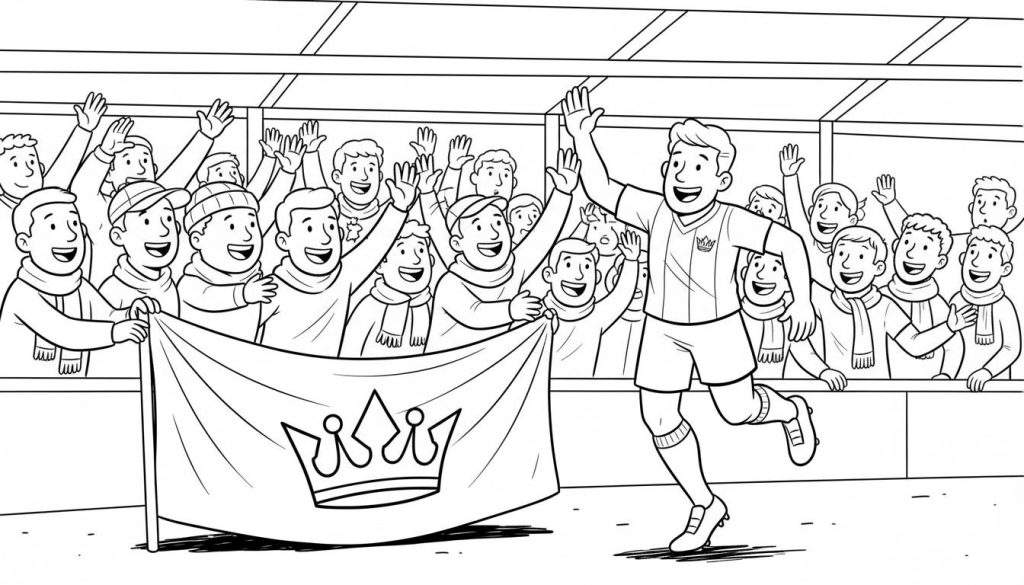 Kleurplaat van een Willem II voetballer met kroonembleem die lachend zwaait naar juichende fans met sjaals, mutsen en een spandoek met kroon in een voetbalstadion.