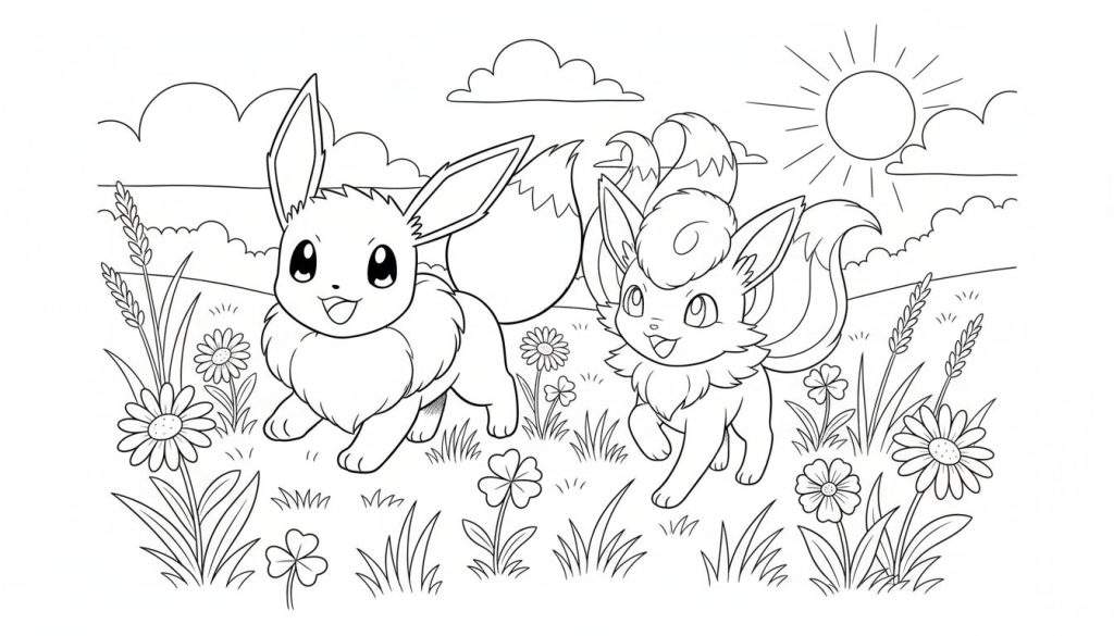 Zwart-wit lijntekening van de Pokémon Eevee en Vulpix die vrolijk spelen in een bloemenveld met gras, madeliefjes, klavertjes en graanaren. Op de achtergrond zijn wolken en een stralende zon te zien. Een ideale kleurplaat voor kinderen.