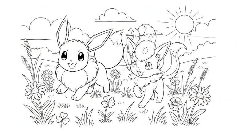 Zwart-wit lijntekening van de Pokémon Eevee en Vulpix die vrolijk spelen in een bloemenveld met gras, madeliefjes, klavertjes en graanaren. Op de achtergrond zijn wolken en een stralende zon te zien. Een ideale kleurplaat voor kinderen.