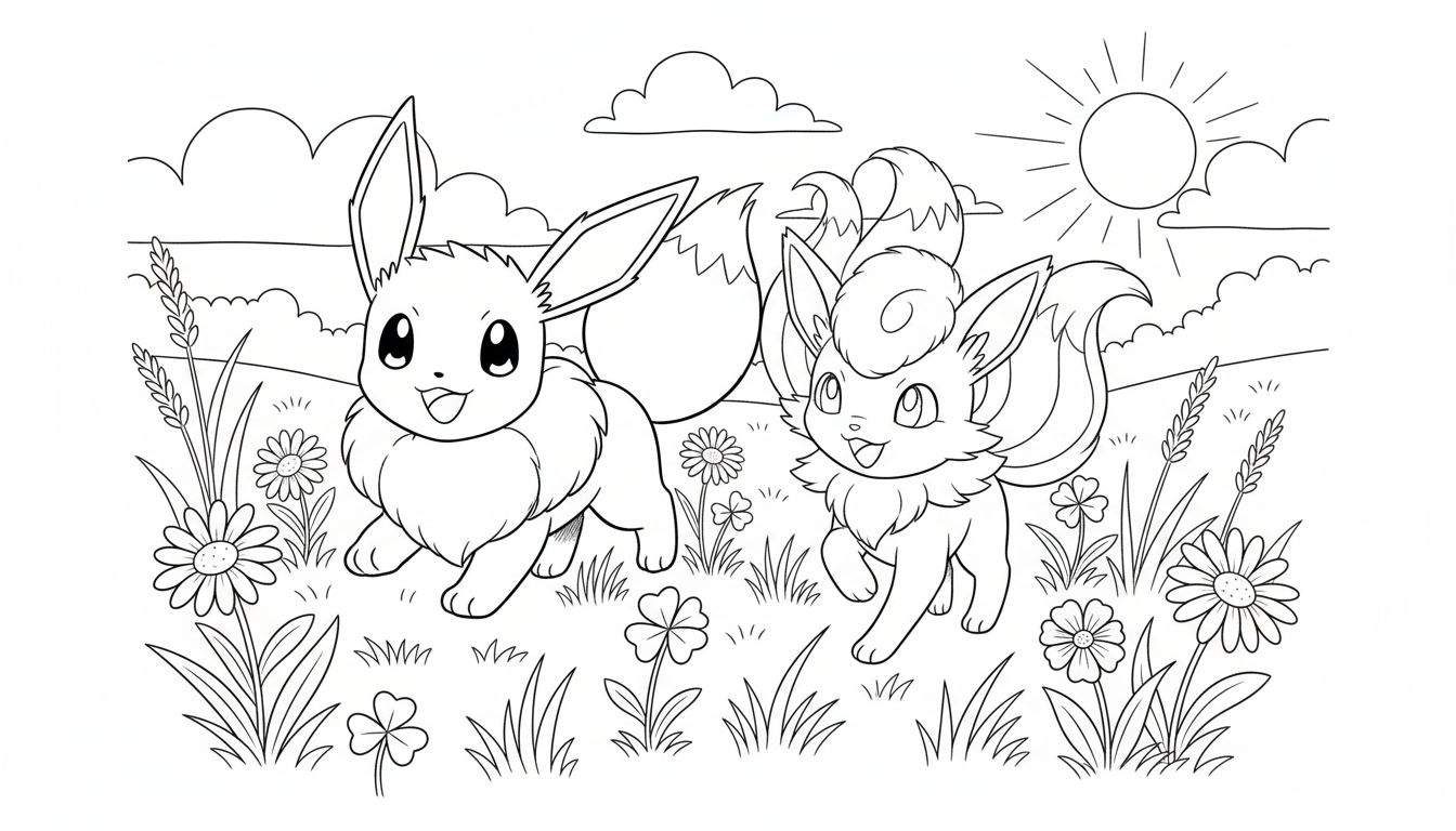 Zwart-wit lijntekening van de Pokémon Eevee en Vulpix die vrolijk spelen in een bloemenveld met gras, madeliefjes, klavertjes en graanaren. Op de achtergrond zijn wolken en een stralende zon te zien. Een ideale kleurplaat voor kinderen.