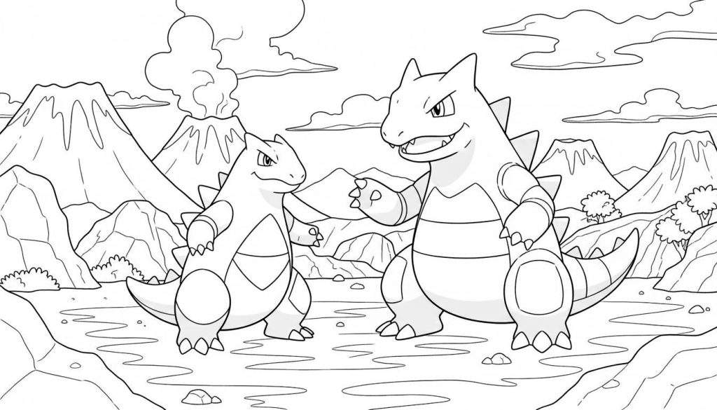 Zwart-wit kleurplaat van Pokémon Tyranitar en Pupitar tegenover elkaar in een berglandschap met een rokende vulkaan, rotsen en golvende patronen op de voorgrond.