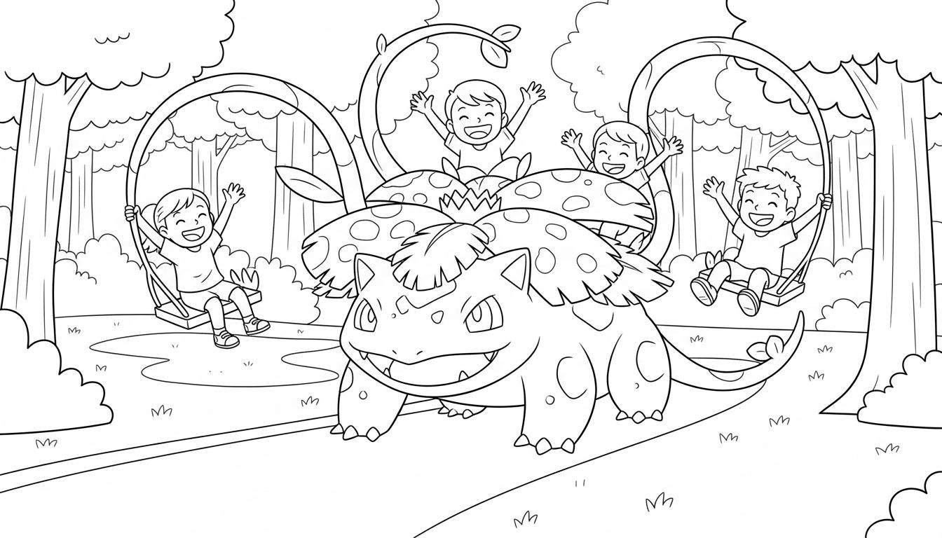 Zwart-witte lijntekening kleurplaat van een lachende Venusaur-achtig wezen met vier spelende jongens, twee op de rug en twee op schommels aan takken, in een vrolijke bosrijke omgeving.