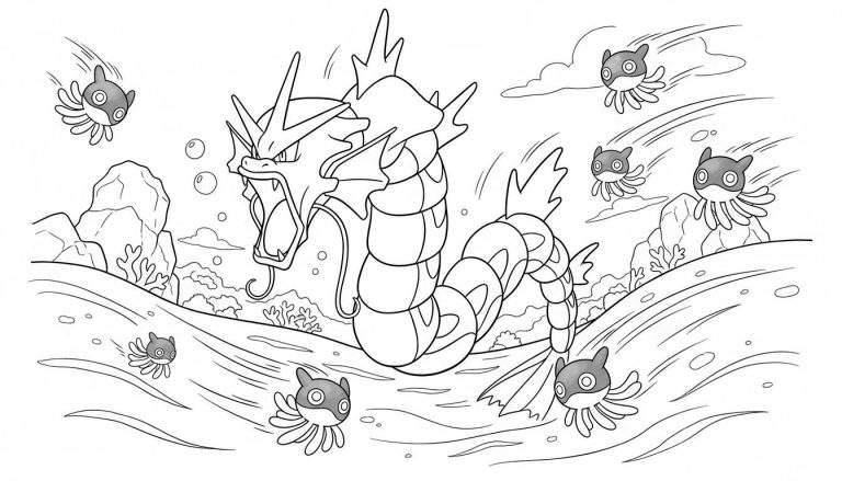 Zwart-wit lijntekening kleurplaat van een dynamische Gyarados met open bek en scherpe tanden, omringd door kleine Mantyke, bubbels en waterplanten in een actievolle wateromgeving.