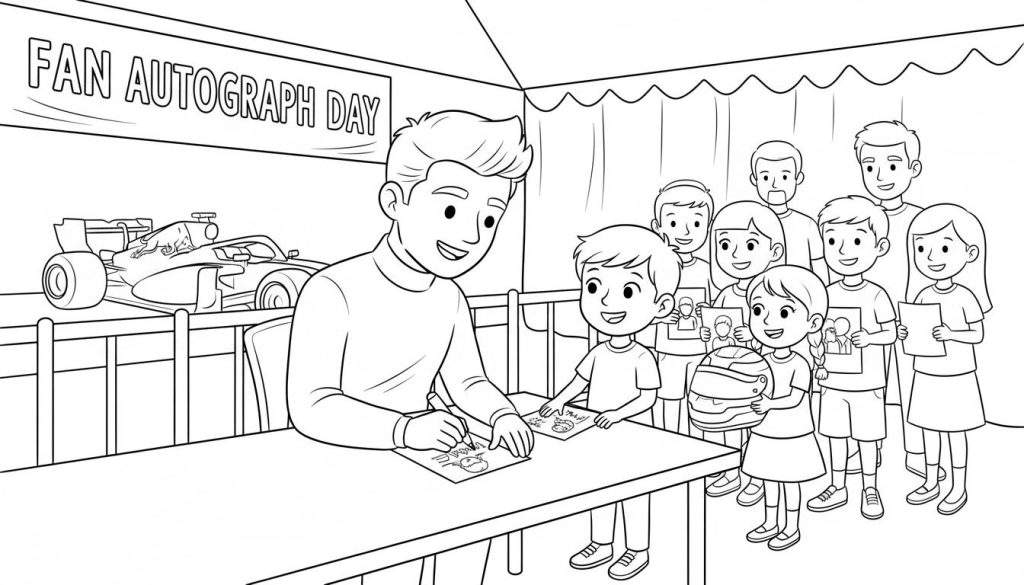 Kleurplaat van een Red Bull F1 coureur die handtekeningen uitdeelt aan blije fans, met een Formule 1 auto en een rij wachtende kinderen onder een afdak.