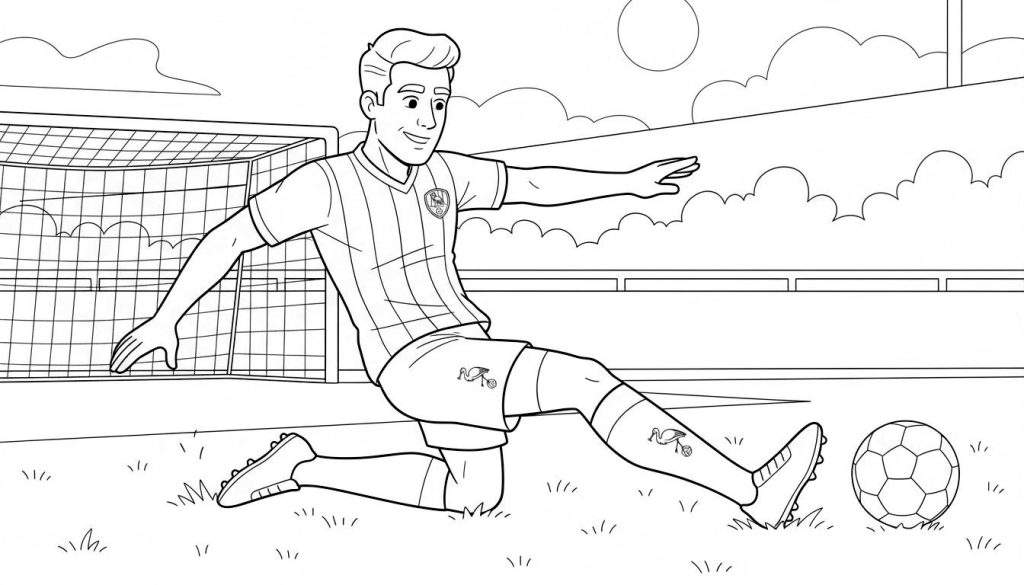 Kleurplaat van een vrolijke ADO Den Haag voetballer in actie, duikend naar de bal met ooievaar logo op zijn kleding, op een voetbalveld met doel en stadion op de achtergrond.