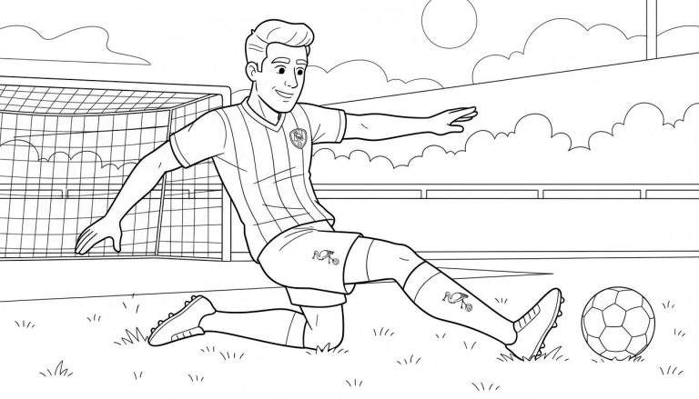 Kleurplaat van een vrolijke ADO Den Haag voetballer in actie, duikend naar de bal met ooievaar logo op zijn kleding, op een voetbalveld met doel en stadion op de achtergrond.