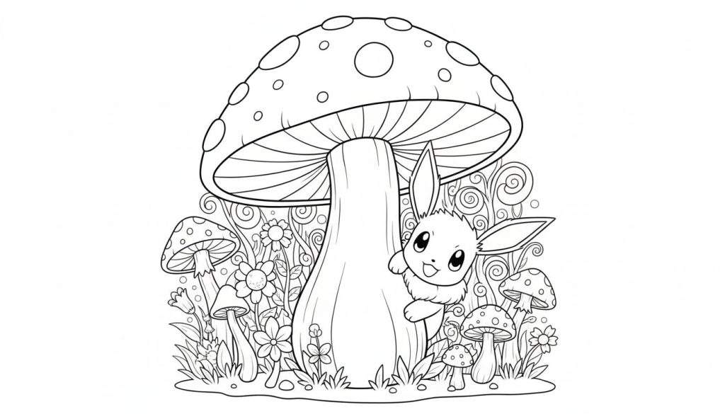 Kleurplaat van een Eevee-achtig wezentje dat achter een grote gestippelde paddenstoel vandaan piept, omringd door kleinere paddenstoelen, bloemen en bosvegetatie.