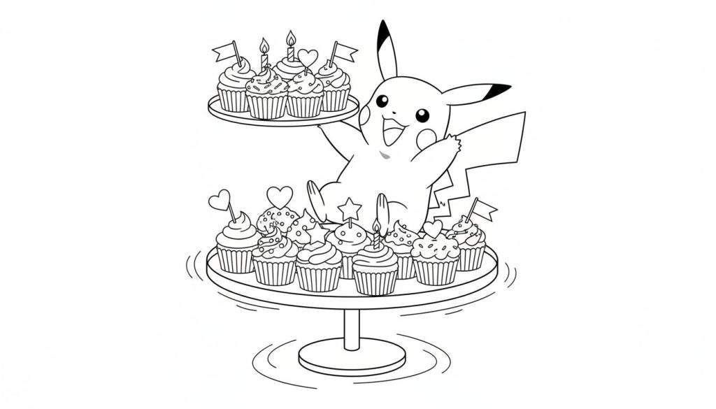 Kleurplaat van blije Pikachu met open armen, een dienblad met zes feestcupcakes en een etagère met elf extra versierde cupcakes.