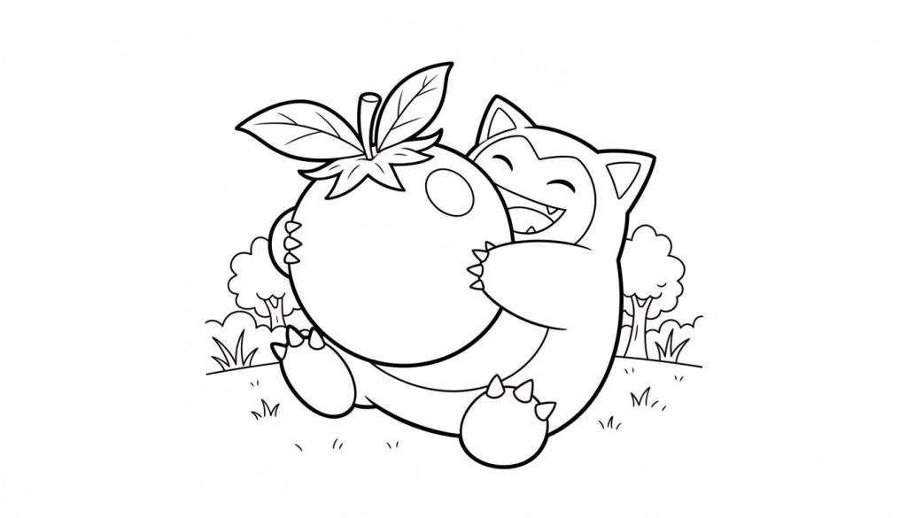 Zwart-wit kleurplaat van een vrolijke Snorlax die breed lachend een grote ronde vrucht omhelst in de natuur.