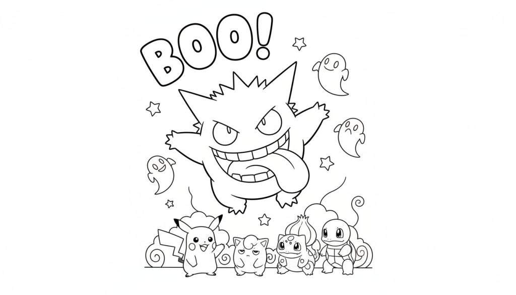Zwart-wit Halloween kleurplaat met een grote lachende Gengar en de tekst 'BOO!'. Onderaan staan Pikachu, Clefairy, Bulbasaur en Squirtle.