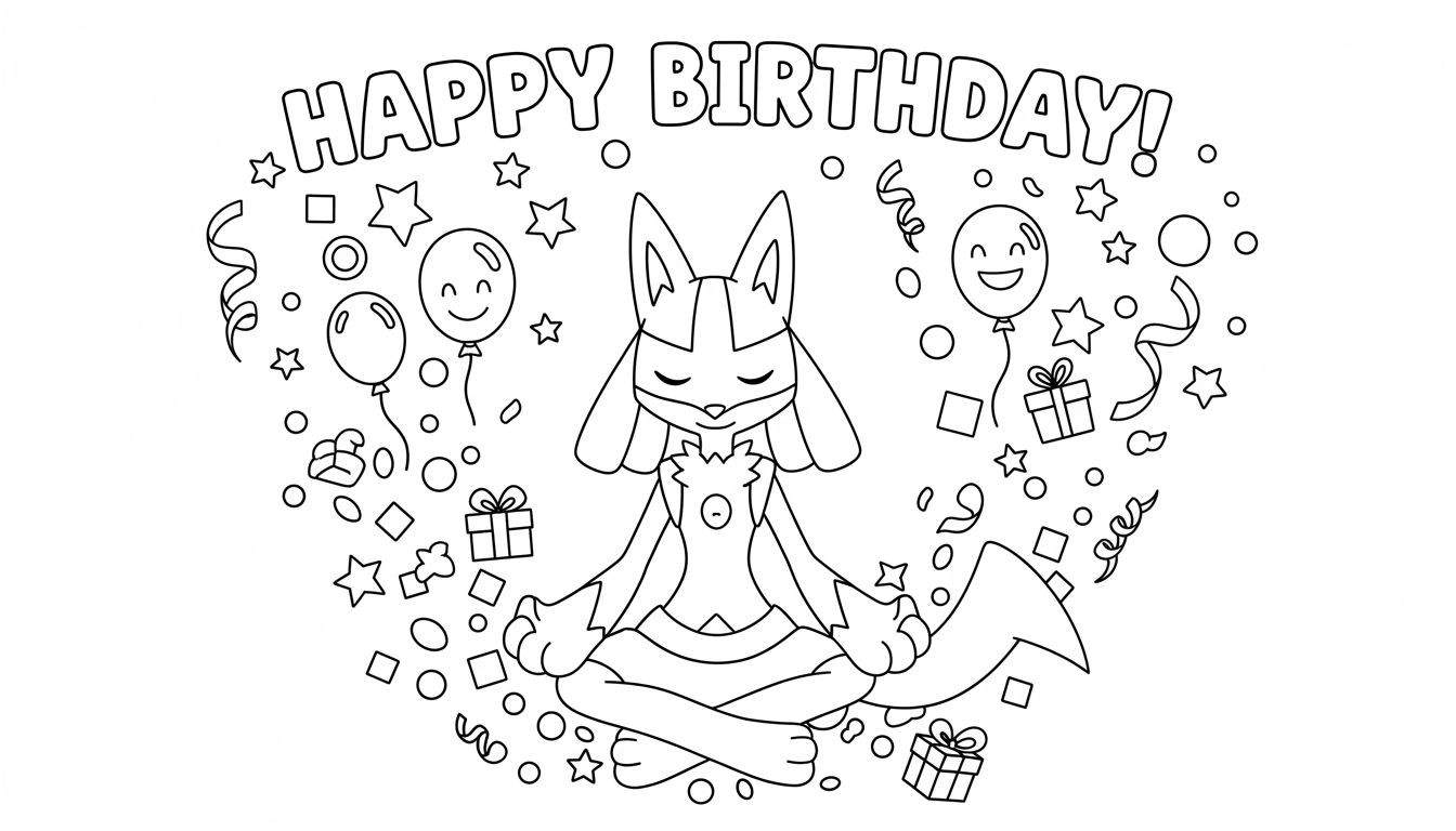 Kleurplaat van Pokémon Lucario in meditatiehouding, omringd door ballonnen, cadeautjes, sterren en confetti, met de tekst 'HAPPY BIRTHDAY!' bovenaan.