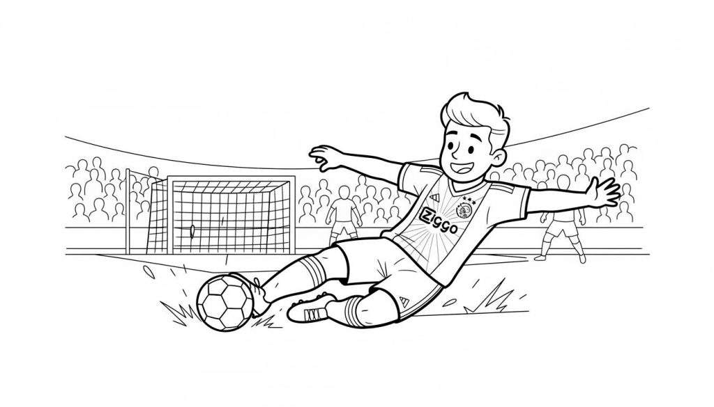 Kleurplaat van een lachende jonge Ajax voetballer met blond haar die een sliding maakt om de bal te trappen. Hij draagt een Ziggo gesponsord tenue, met op de achtergrond een voetbaldoel en een tribune met publiek.