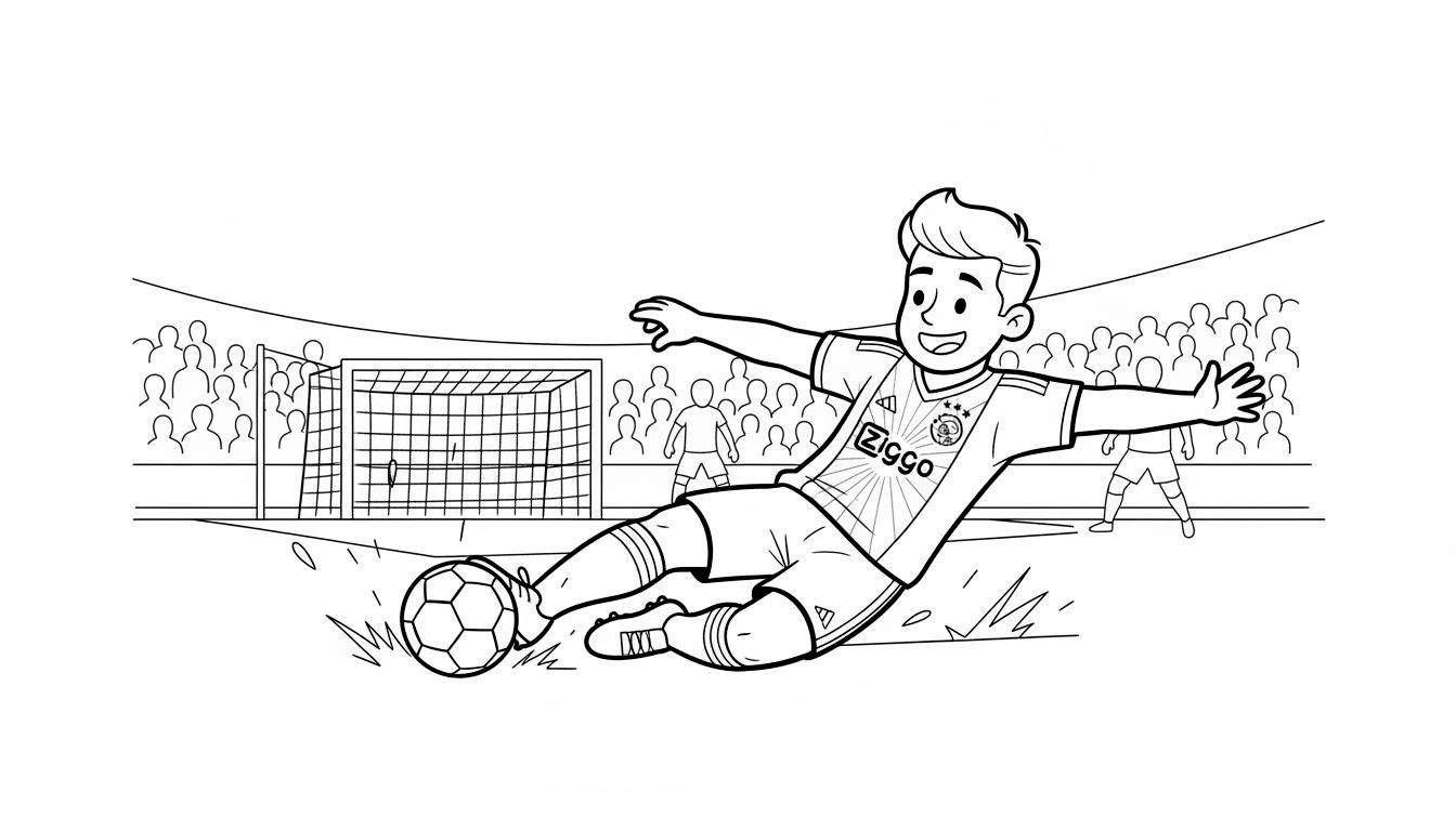Kleurplaat van een lachende jonge Ajax voetballer met blond haar die een sliding maakt om de bal te trappen. Hij draagt een Ziggo gesponsord tenue, met op de achtergrond een voetbaldoel en een tribune met publiek.