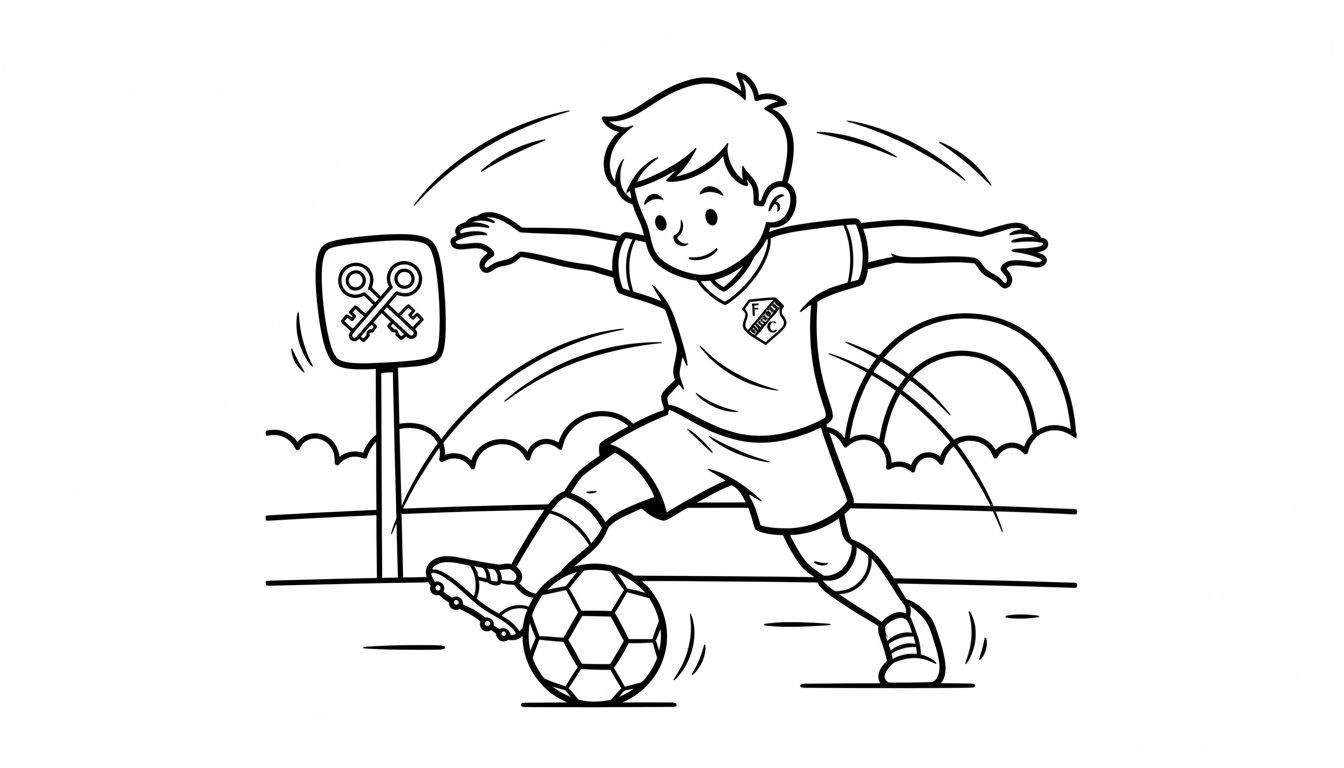 Zwart-wit kleurplaat van een vrolijke jongen in voetbaltenue die een bal dribbelt, met 'F.C.' op zijn shirt en een bordje met gekruiste sleutels aan de linkerkant.