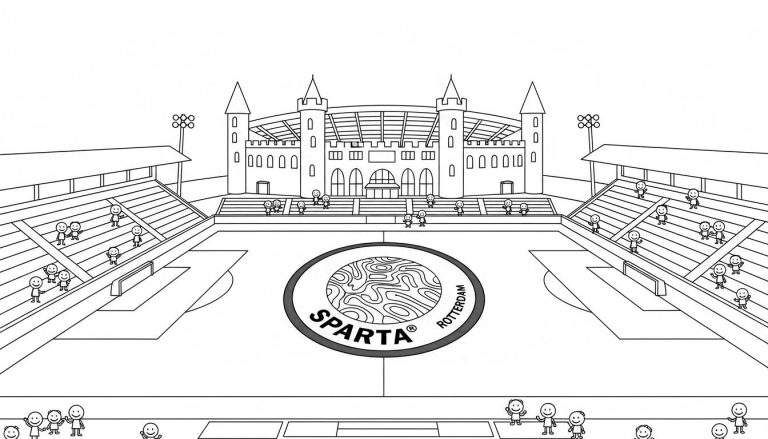 Zwart-wit kleurplaat van het Sparta Rotterdam voetbalstadion, inclusief het clublogo op de middenstip, volle tribunes, een kasteelachtig hoofdgebouw en hoge lichtmasten.