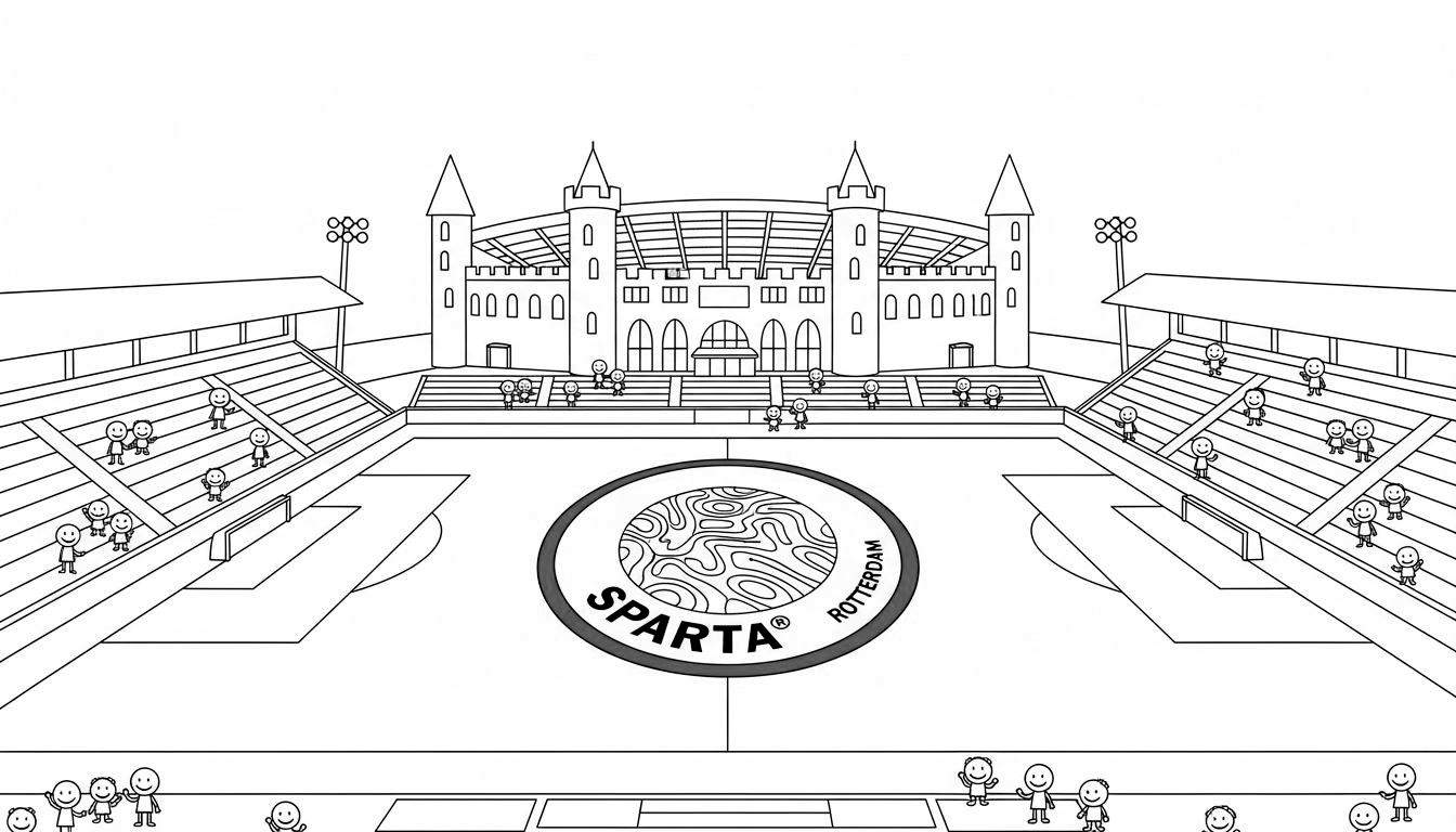 Zwart-wit kleurplaat van het Sparta Rotterdam voetbalstadion, inclusief het clublogo op de middenstip, volle tribunes, een kasteelachtig hoofdgebouw en hoge lichtmasten.