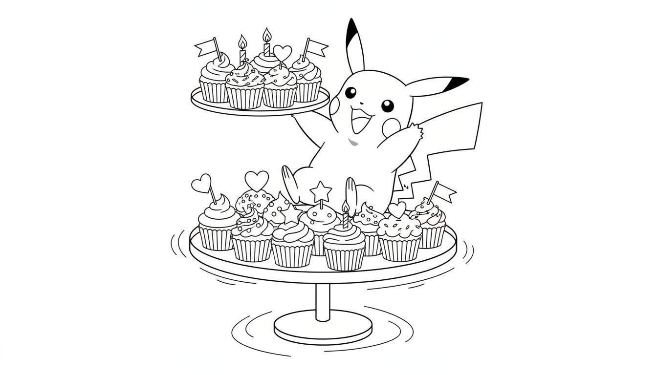 Kleurplaat van blije Pikachu met open armen, een dienblad met zes feestcupcakes en een etagère met elf extra versierde cupcakes.