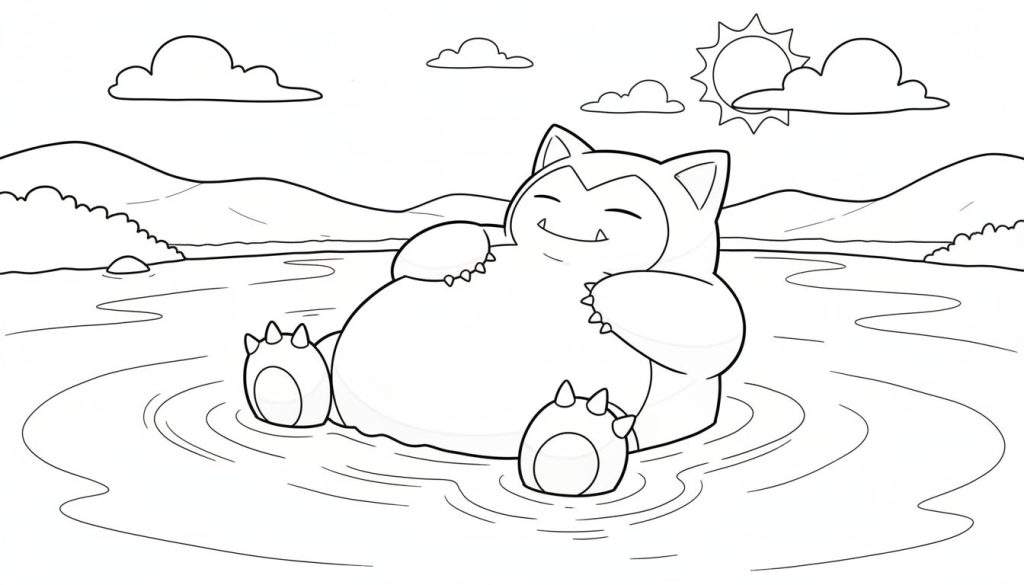 Zwart-wit kleurplaat van Snorlax die lachend en ontspannen in het water zit, met gesloten ogen. Rondom hem zijn waterrimpelingen te zien, tegen een achtergrond van heuvels, struiken, wolken en een stralende zon.