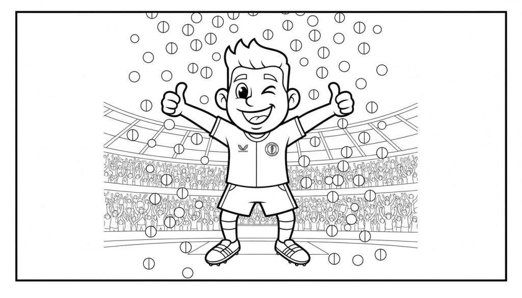 Zwart-wit kleurplaat van een lachende jongen in Feyenoord sporttenue met voetbalschoenen, die met twee duimen omhoog en knipoog juicht in een voetbalstadion met publiek en zwevende objecten.