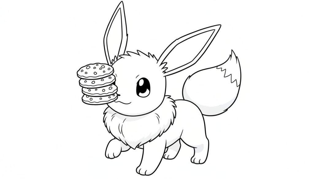 Kleurplaat van Eevee, een Pokémon, die vier chocoladekoekjes op zijn snuit balanceert. De achtergrond is wit.