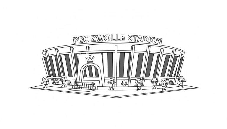 Lijntekening van het PEC Zwolle Stadion met 'PEC ZWOLLE STADION' bovenop en een kroon, omringd door vrolijke, lachende kinderfiguren en een voetbaldoel op de voorgrond. Geschikt als kleurplaat.