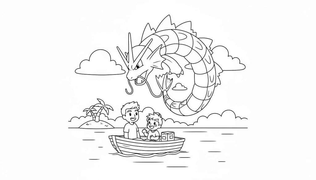 Kleurplaat van een gigantische Gyarados die boven water zweeft, met daaronder een bootje waarin twee lachende mensen (volwassene en kind met Pokébal) varen, en een palmeiland op de achtergrond.