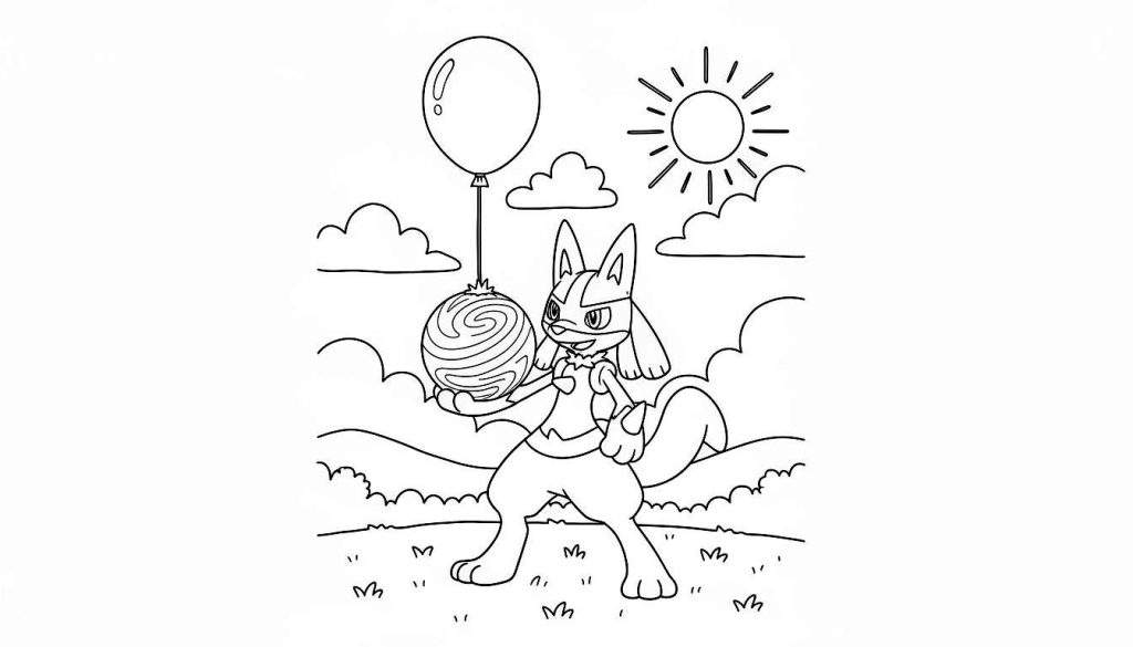 Zwart-wit kleurplaat van Lucario (of Mega Lucario) in een landschap, die een bal met spiraalpatroon vasthoudt die met een lijn verbonden is aan een zwevende ballon, met zon, wolken en heuvels op de achtergrond.