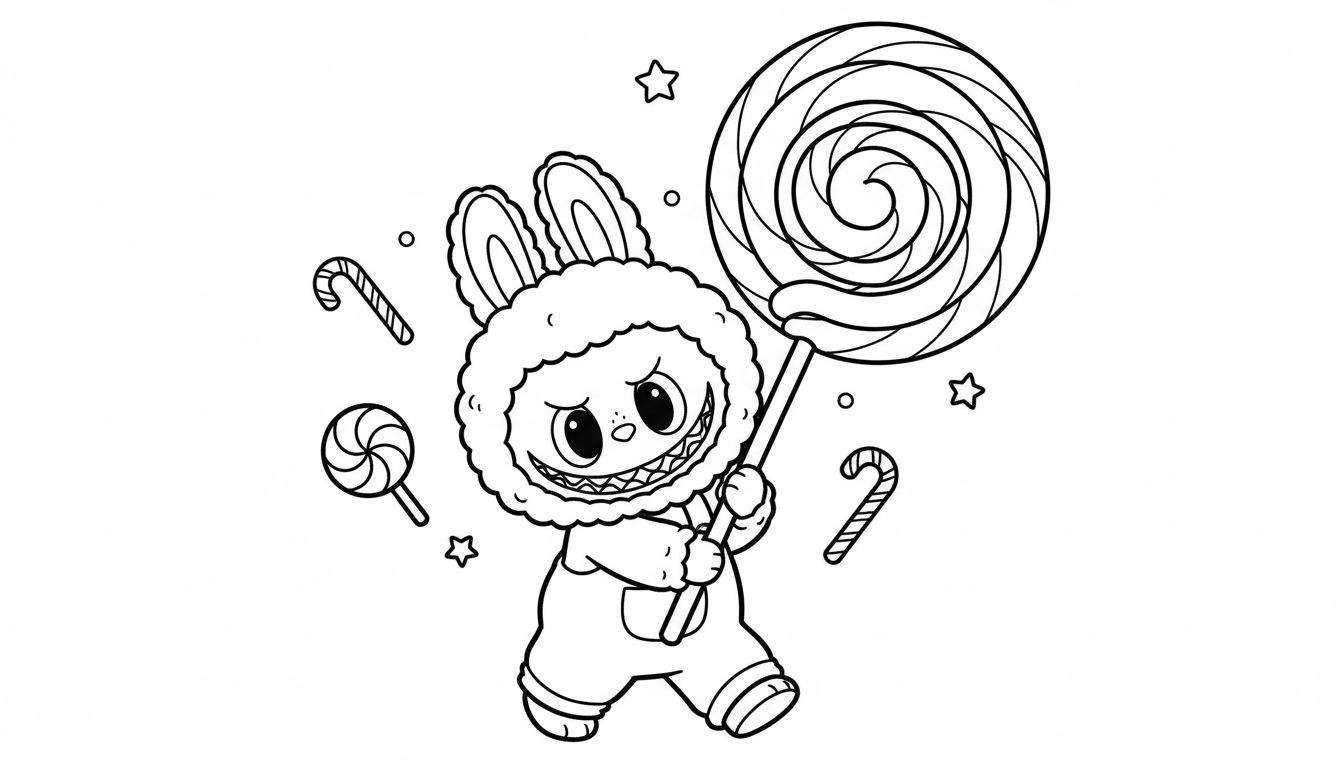 Zwart-witte kleurplaat van Labubu, een pluizig figuur met scherpe tanden en een brede glimlach, in een overall, die een enorme spiraallolly vasthoudt. Rondom zijn twee zuurstokken, een kleinere lolly en sterren te zien.