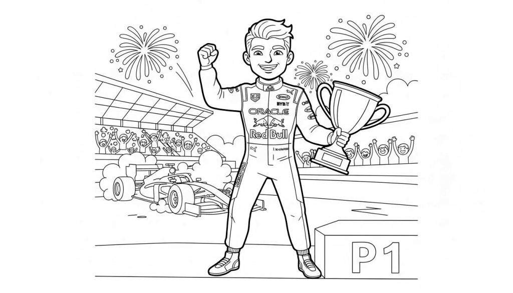Zwart-wit kleurplaat van een Formule 1 Red Bull coureur op het podium, juichend met een trofee. Op de achtergrond een F1-auto, juichende fans en vuurwerk.