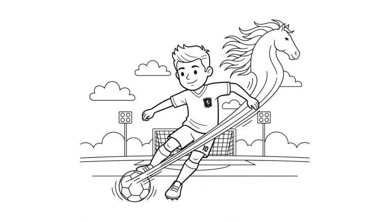 Kleurplaat van lachende FC Twente voetballer (nummer 10) die met linkerbeen een voetbal trapt, met een sierlijk paardenhoofd achter hem en een voetbalveld met doel op de achtergrond. Cartoonstijl.