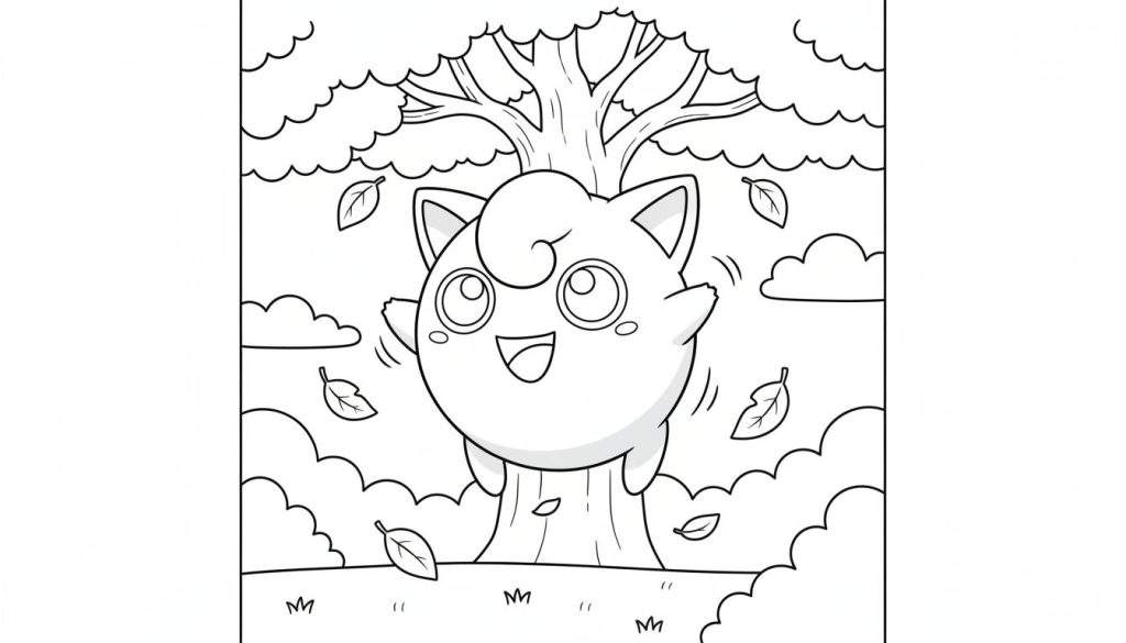 Zwart-wit lijntekening kleurplaat van een vrolijke, lachende Jigglypuff Pokémon op een boomstronk, omringd door herfstbladeren en een boom.