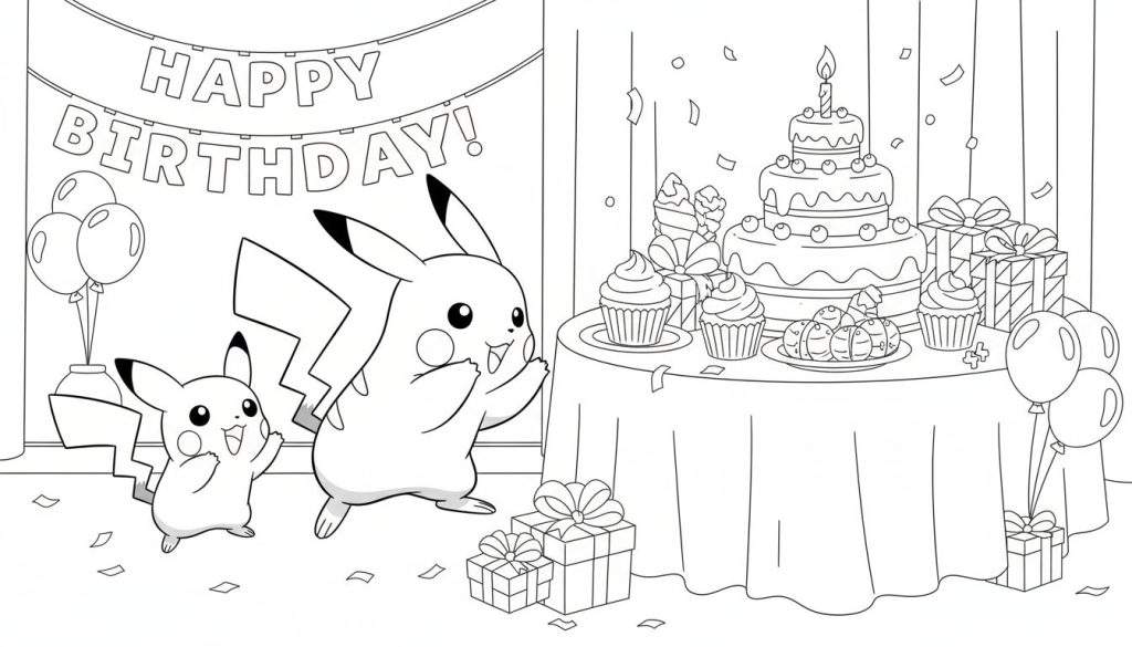 Kleurplaat van twee vrolijke Pikachu's op een verjaardagsfeestje met taart, cadeautjes, ballonnen en confetti.