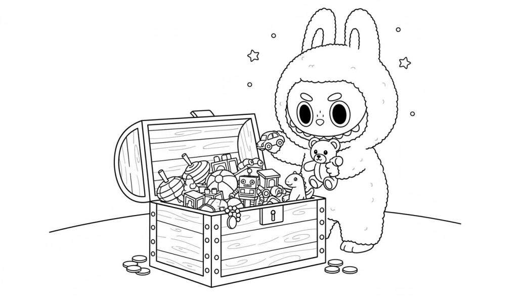 Zwart-wit kleurplaat van Labubu, een pluizig konijnachtig figuurtje met lange oren en grote ogen. Labubu staat naast een open houten schatkist vol speelgoed, waaronder een teddybeer, een autootje, bouwblokken, een robot en een dinosaurus. Voor de kist liggen muntjes. De achtergrond toont zwevende sterretjes en cirkels.